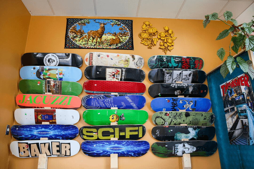 Skate decks on display at El Camino